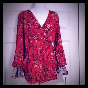 Xhilaration Ruffled Red Floral Bell Sleeve Romper